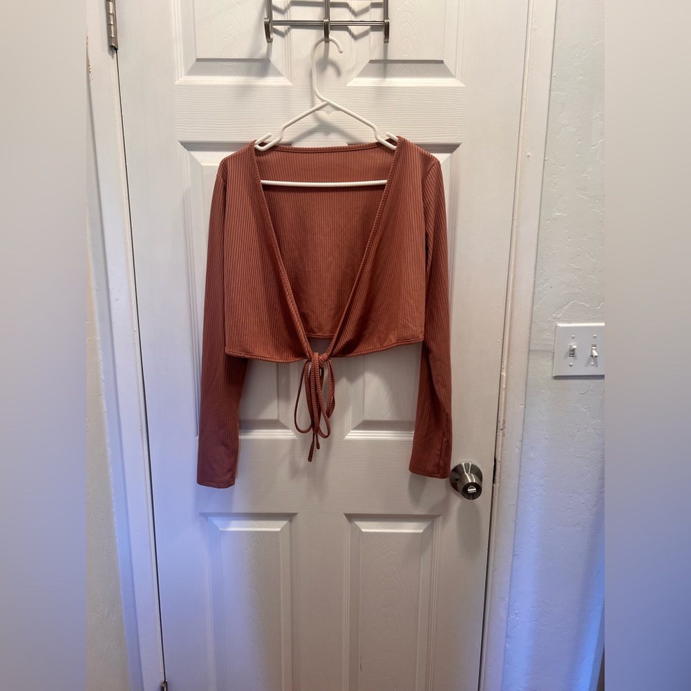 SHEIN Terracotta Tie-Front Ribbed Blouse